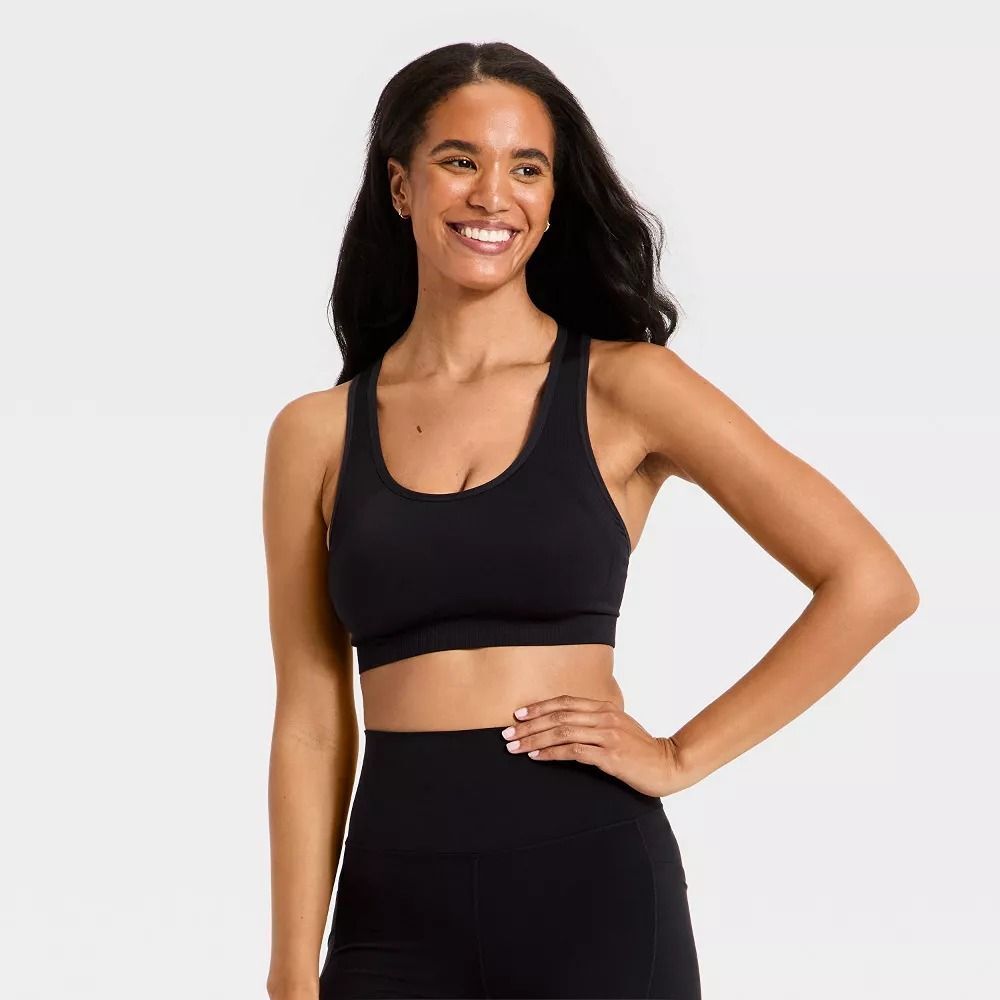 Women's Seamless Medium Support Racerback Sports Bra - All In Motion Jet Black M
